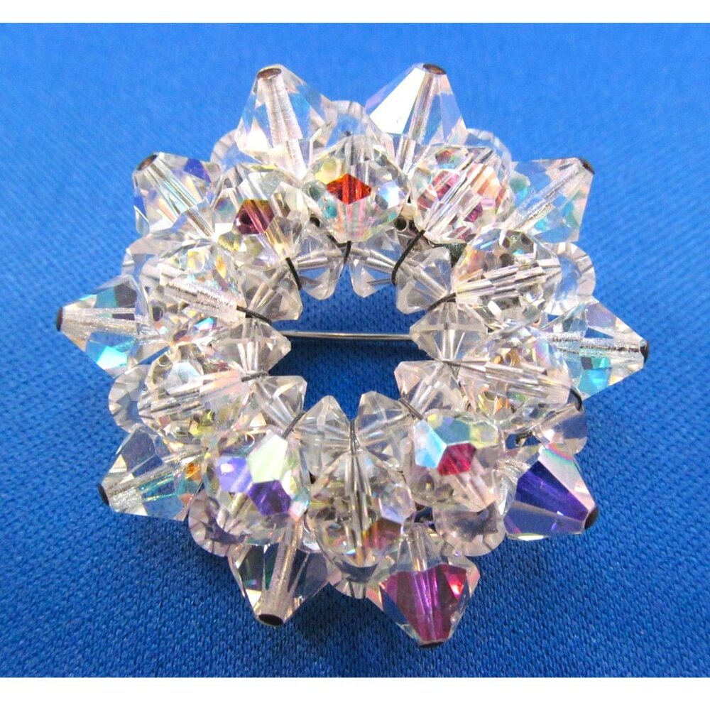 Vintage Faceted Aurora Borealis Crystal Wreath Brooch